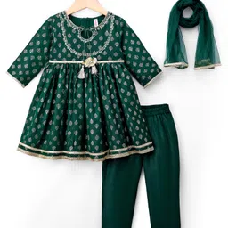 Babyhug Woven Three Fourth Sleeves Kurti Salwar Set With Foil Floral Print & Dupatta - Green-image-53