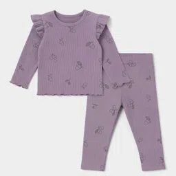 Mi Arcus Cotton Elastane Knit Full Sleeves Acorn Printed Ribbed Coordinating Top & Leggings Set - Mauve image 3