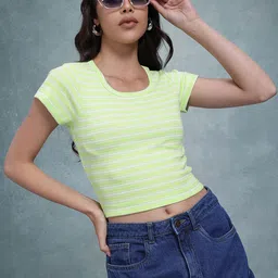 The Roadster Life Co. Women Ribbed Striped Crop T-shirt-image-91