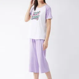Miss Chase White & Lilac Cotton Printed T-Shirt Capris Set image 3
