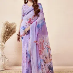 Satrani Purple Floral Print Saree With Unstitched Blouse-picture-12