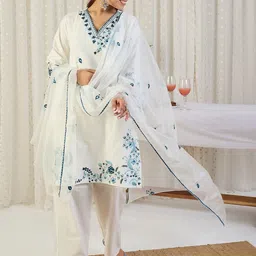 Indo Era Ethnic Motifs Embroidered Thread Work Pure Cotton Kurta With Trousers & Dupatta image 2