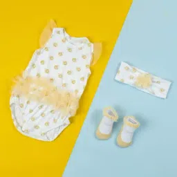 Baby Moo Kids Yellow & White Cotton Printed Bodysuit Set-picture-28