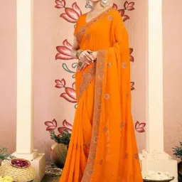 Satrani Orange Georgette Embroidered Saree With Unstitched Blouse-image-16