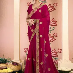 Satrani Pink Georgette Embroidered Saree With Unstitched Blouse-image-62