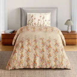 Spaces Light Taupe Cotton Floral 144 TC Single Bedsheet with 1 Pillow Cover-picture-25
