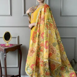 KALINI Floral Embroidered Straight Thread Work Chanderi Silk Kurta With Trousers & Dupatta image 3