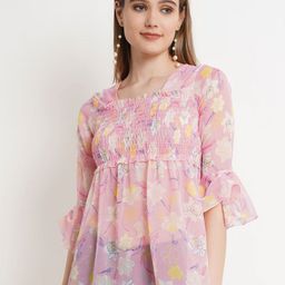 Popwings Women Floral Print Bell Sleeve Chiffon Peplum Regular Top-picture-41