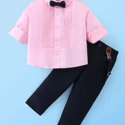 Babyhug 100% Cotton Full Sleeves Party Wear Shirt & Trouser Set With Suspenders & Bow- Pink & Navy-image-70
