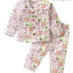 Babyoye Eco Conscious Cotton Modal Full Sleeves Night Suit With Animals Print - White & Pink-picture-11