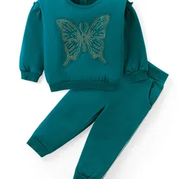 Babyhug Cotton Knit Full Sleeves Top & Jogger Pants Set With Sequins Butterfly - Green-picture-22