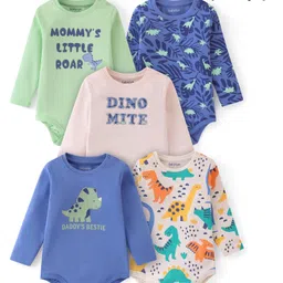 Babyoye 100% Cotton Knit With Eco- Jiva Finish Full Sleeves Onesies with Dino Print Pack of 5 - Blue Green & Pink-picture-17