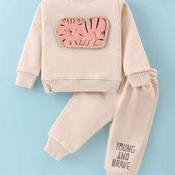 Little Kangaroos Cotton Knit Full Sleeves Winter Wear Suit With Tiger Patch - Cream-picture-0