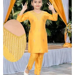 Pehanaava Silk Blend Three Forth Sleeves Hand Work Rhinestone Embellished Kurta & Pant Set - Yellow image 1