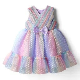 Babyhug Woven Sleeveless Mesh Pleated Party Dress with Bow Applique & Sequin Detailing - Multicolor-image-24