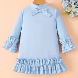Mark & Mia Full Sleeves Solid Winter Frock With Bow Applique - Light Blue image 1