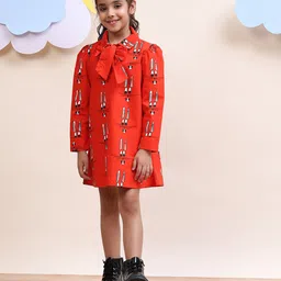 Spunkies Cotton Knit Full Sleeves Bunny Face Printed Dress - Red-image-16
