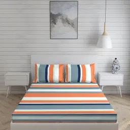 Layers Bologna Stripes Orange 146 TC Cotton King Bed Sheet with 2 Pillow Covers-image-9