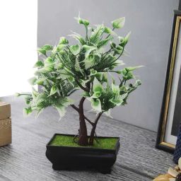 Foliyaj Green & White Plastic Artificial Twin Trunked Bonsai Tree With Leaves-picture-39