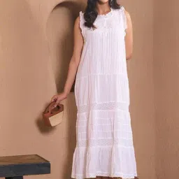 House of Chikankari White Crochet Lace & Ruffle Embroidered Flared Fit Midi Long Dress-picture-13