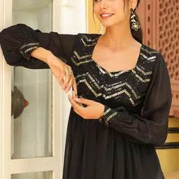 Kalini Women Black Georgette Sequined Front Slit Tunic With Sharara Set image 3