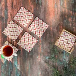 CasaGold Red and Gold Set of 6 Coasters with Stand | Resin With MDF Wood-picture-38