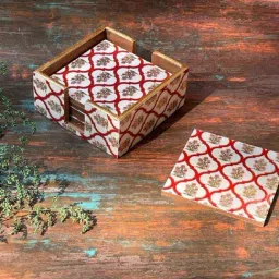 CasaGold Red and Gold Set of 6 Coasters with Stand | Resin With MDF Wood image 2