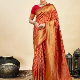 Satrani Red Silk Blend Woven Saree With Unstitched Blouse-image-39