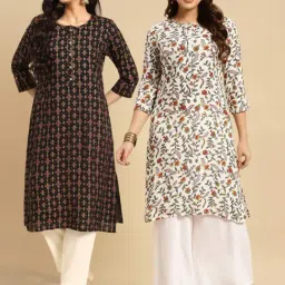 Rangita Black & White Floral Print Straight Kurta - Pack OF 2-image-51