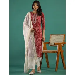 Sangria Bandhani Printed Round Neck Pure Cotton Straight Kurta With Trousers & Dupatta-image-34