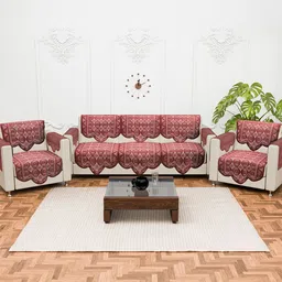 Kuber Industries Maroon & White 16 Pcs Ethnic Printed Cotton 5 Seater Sofa Cover With Arms-picture-32