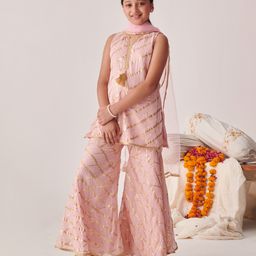 Pspeaches Georgette Sleeveless Lurex Checked Kura With Sharara & Dupatta - Peach-picture-45