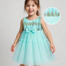 Babyhug Woven Sleeveless Shimmer Mesh Dress with Bow Applique & Designer Yoke - Aqua Blue-picture-30