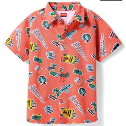 Babyhug Cotton Knit Half Sleeves Shirt With Summer Theme Print - Peach-picture-15