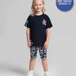 Primo Gino Cotton Elastane Knit Drop Shoulder Half Sleeves Oversized T-Shirt & Cycling Shorts Set With Floral Print - Black-picture-14