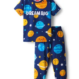 Babyhug Cotton Knit Half Sleeves Co-Ord Night Suit With Space Theme Print - Navy Blue-picture-20
