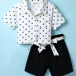 CrayonFlakes Cotton Knit Half Sleeves Polka Dots Printed Shirt Style Top & Belted Shorts Set - Off White-image-10