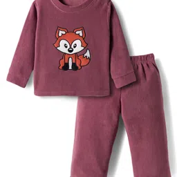 Kanvin Fleece Knit Full Sleeves Antipilling Winter Night Suit with Fox Patch Embroidery - Dark Pink-picture-14