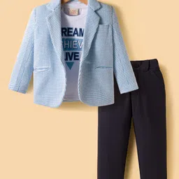 Rikidoos Full Sleeves Checked Textured Blazer With Typography Printed Tee & Pant Set - Sky & Navy Blue-picture-17