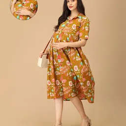 The Mom Store Cotton Woven Half Sleeves Floral Printed Maternity Dress With Front Open Nursing Access - Multi Colour-picture-29
