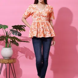 SHEETAL Associates Women Abstract Printed Lace Inserts Pure Cotton Peplum Regular Top image 4