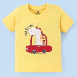 Doodle Poodle 100% Cotton Knit Half Sleeves Night Suit Stripes & Dino Print - Yellow & Navy Blue image 2