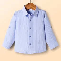 Mark & Mia Woven Full Sleeves Pleated Striped Party Shirt With Bow & Suspender - Light Blue image 2