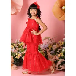 Saka Designs By Sapna Net Woven Sleeveless Mirror Work Detailed Sequins Embellished Kurti & Sharara Set - Red image 4