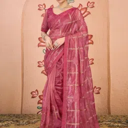 Satrani Pink Net Embroidered Saree With Unstitched Blouse-image-38