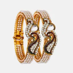 Zeneme Gold Plated Pearls Beaded Alloy Antique Peacock Kada Bracelet-image-47