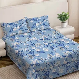 FABINALIV Blue & White Floral 300 TC King Bedsheet with 2 Pillow Covers-image-18