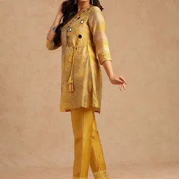 GULMEHAK Ethnic Motifs Printed Mirror Work Chanderi Cotton Kurti With Trousers image 5
