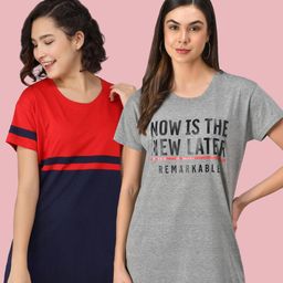 Christy World Women Pack Of 2 Typography Printed Cotton Longline T-shirt-picture-21