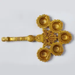 Exotic India Gold Toned Handheld Arti Diya Brass Pooja Essentials-image-56